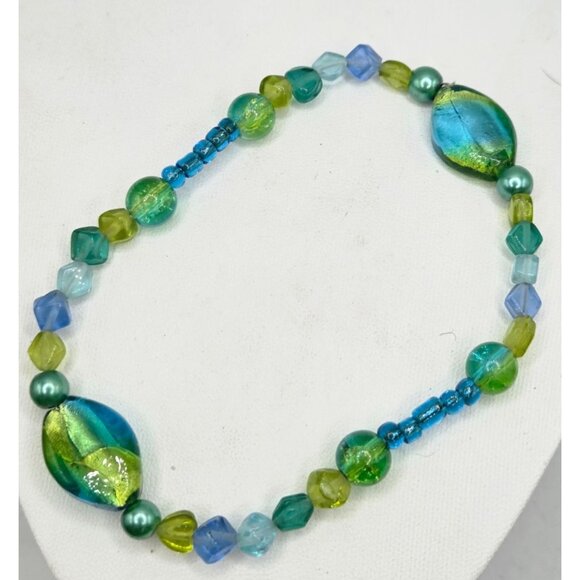 Handmade Green & Blue Glass Bead Bracelet With Iridescent Accents - Picture 1 of 2